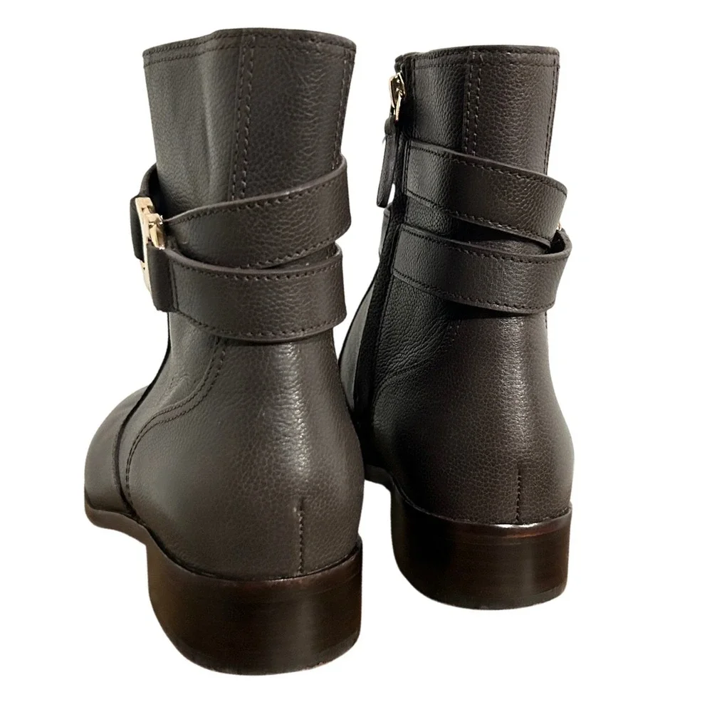 Tory Burch Gemini Gold Link Brown Leather Ankle Boots 8.5 Old Money Quiet Luxury